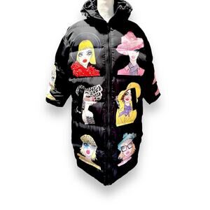 NEW Funky Colorful Portraits Women Fabulous Black Multicolored Puffer Coat Sz M